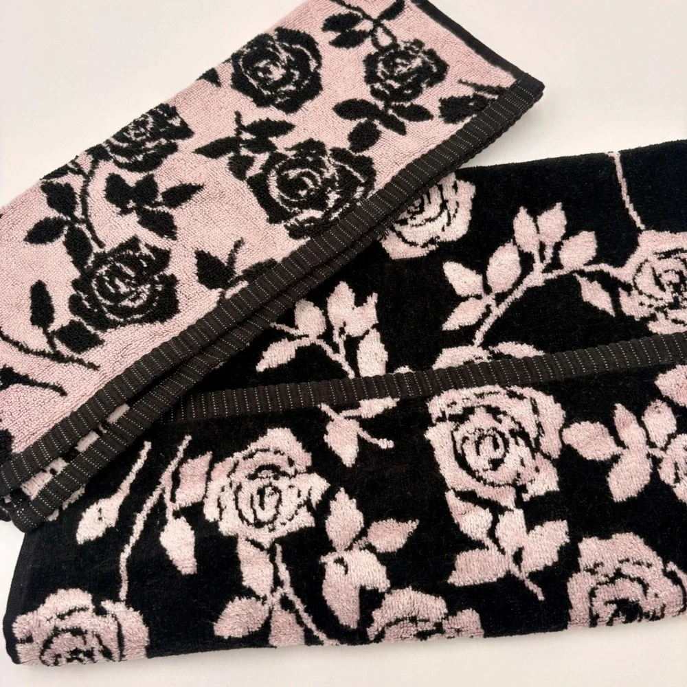 Betsey Johnson Set of 2 Hand Towels Black Pink Rose Floral Cotton Blend New